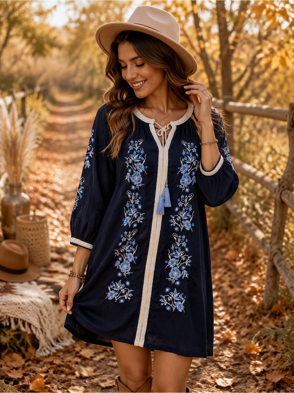 Karen Kane Navy Blue Embroidered Floral Tassel Peasant Dress